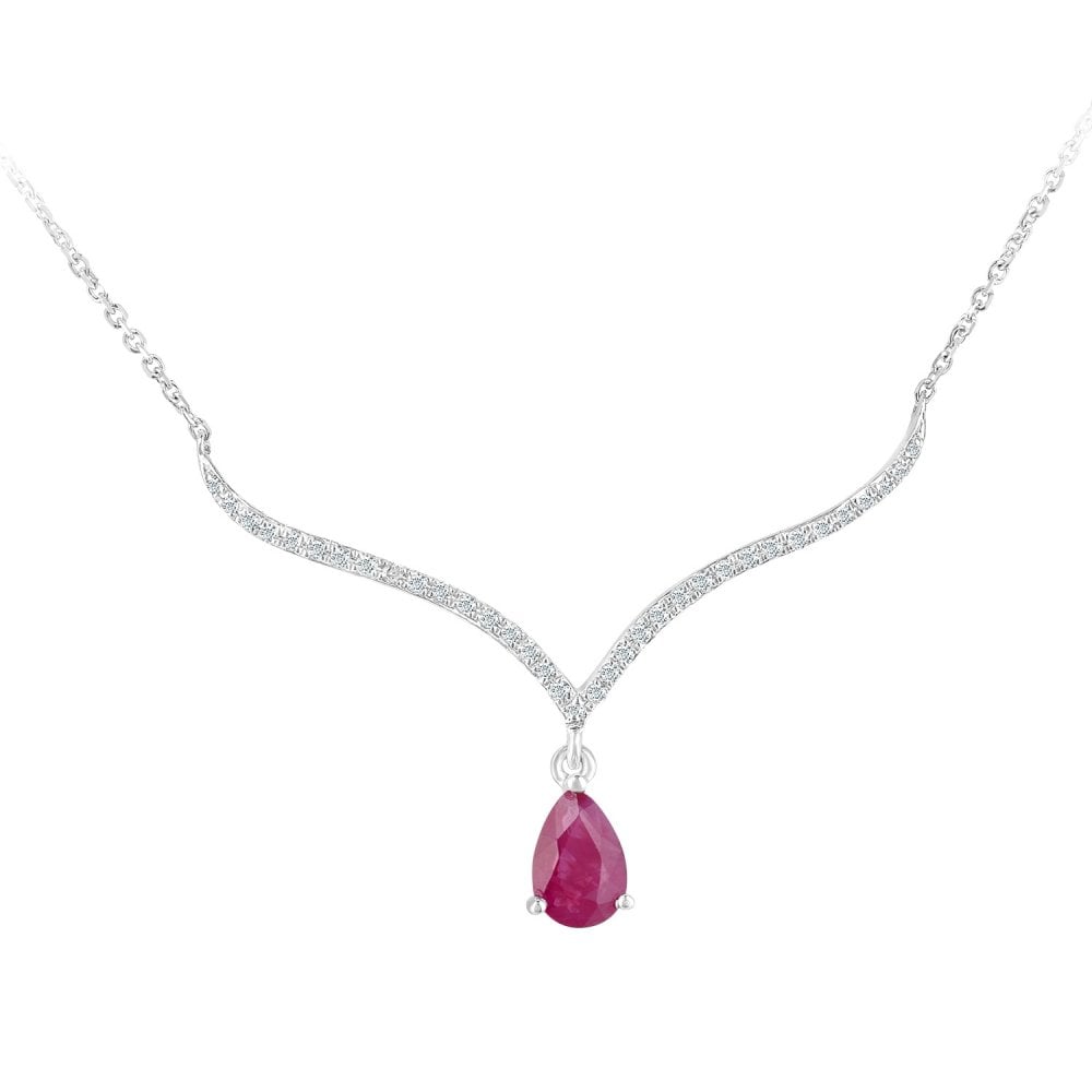 SPARKLD 9ct White Gold Pear Ruby and 0.10ct Diamond Wishbone Necklace