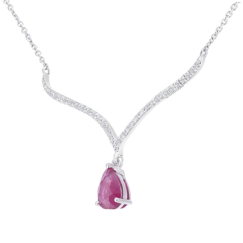 SPARKLD 9ct White Gold Pear Ruby and 0.10ct Diamond Wishbone Necklace