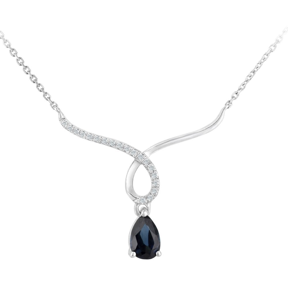 SPARKLD 9ct White Gold Pear Sapphire and 0.03ct Diamond Wishbone Necklace