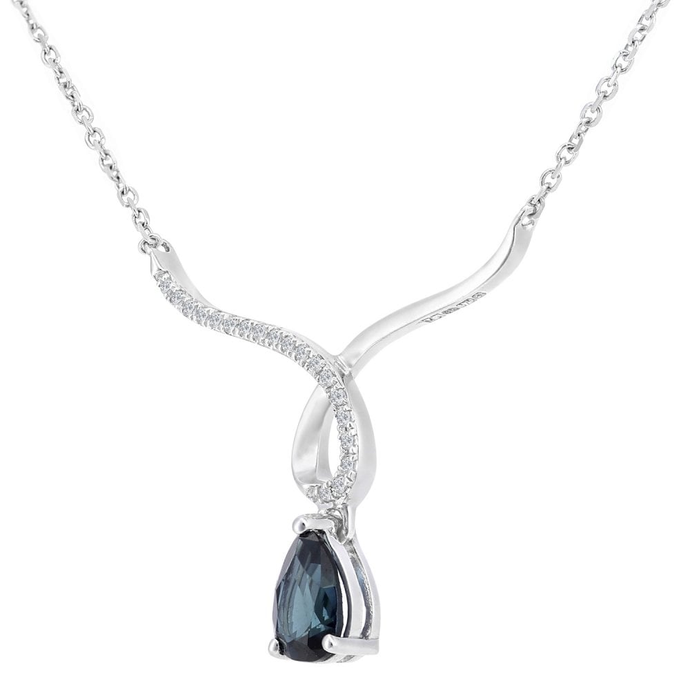 SPARKLD 9ct White Gold Pear Sapphire and 0.03ct Diamond Wishbone Necklace