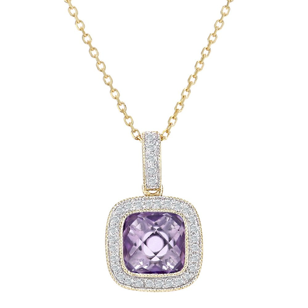 SPARKLD 9ct Yellow Gold Square Amethyst and 0.10ct Diamond Pendant Necklace
