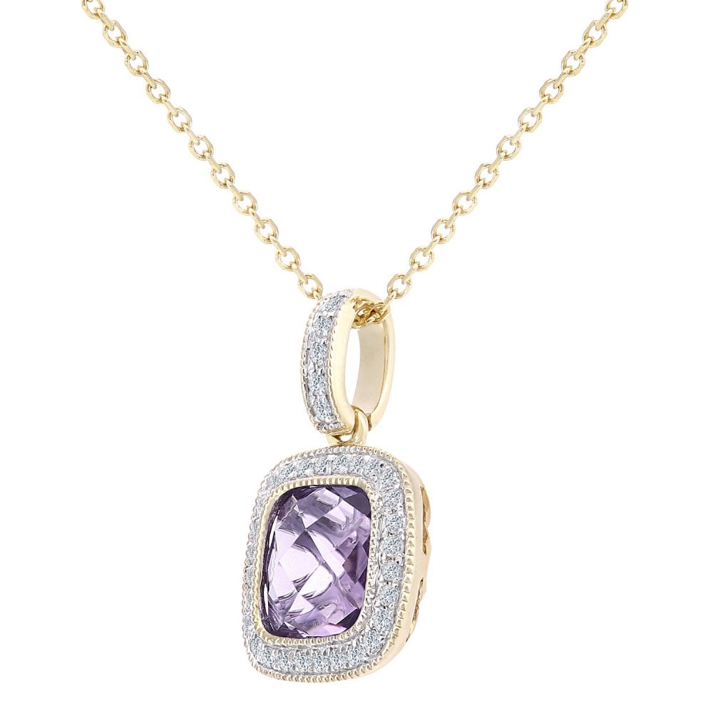 SPARKLD 9ct Yellow Gold Square Amethyst and 0.10ct Diamond Pendant Necklace