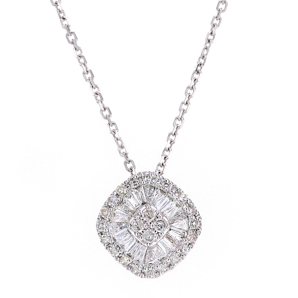 SPARKLD 18ct White Gold Baguette 0.25ct Diamond Pendant Necklace of Length 40cm