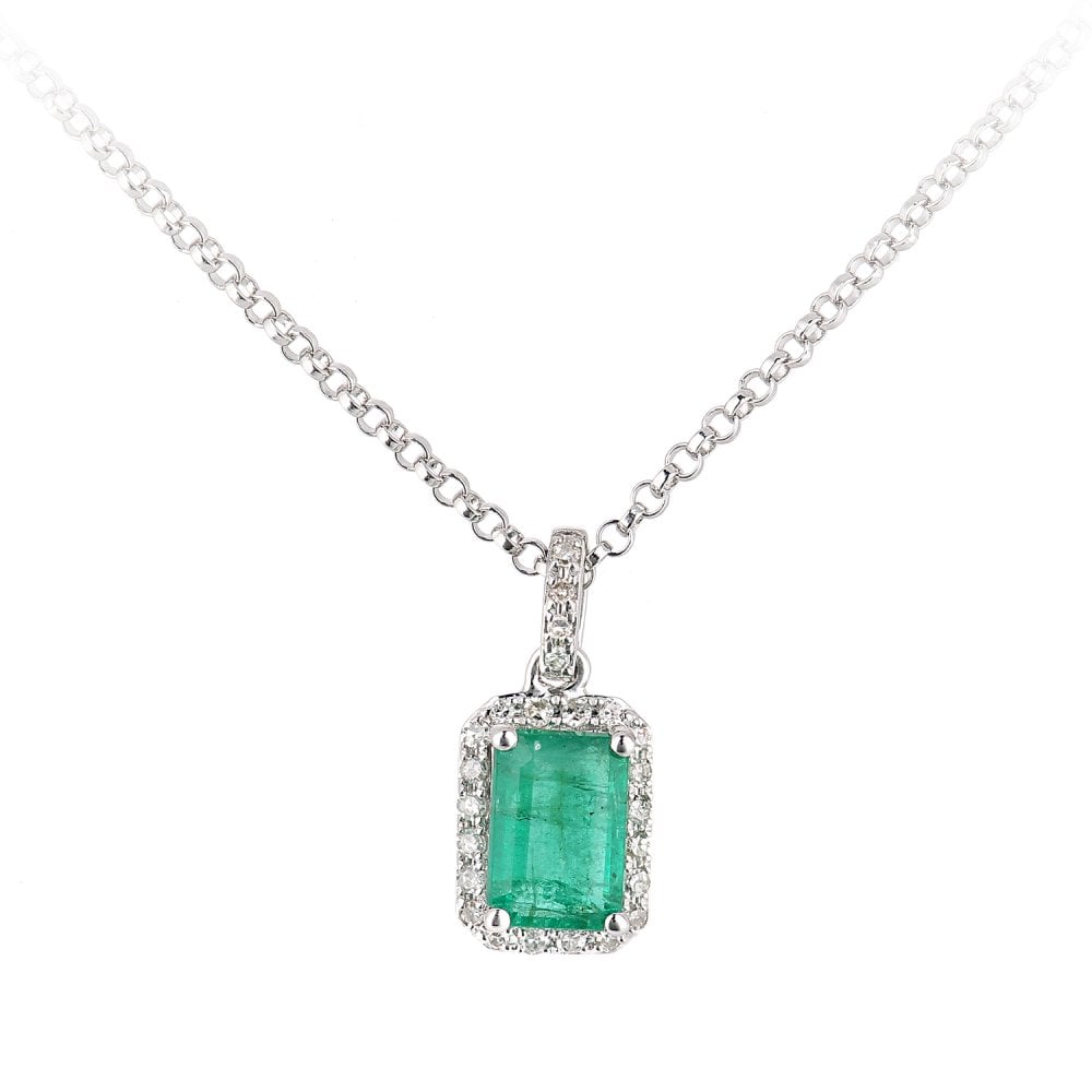 SPARKLD 18ct White Gold Octagon Emerald and 0.05ct Diamond Cluster Pendant Necklace