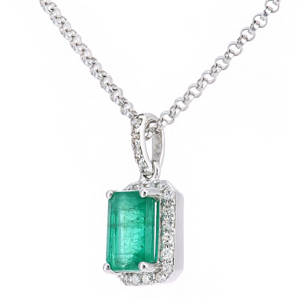 SPARKLD 18ct White Gold Octagon Emerald and 0.05ct Diamond Cluster Pendant Necklace