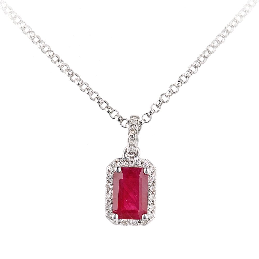 SPARKLD 18ct White Gold Octagon Ruby and 0.05ct Diamond Cluster Pendant Necklace