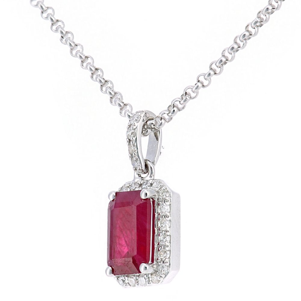 SPARKLD 18ct White Gold Octagon Ruby and 0.05ct Diamond Cluster Pendant Necklace