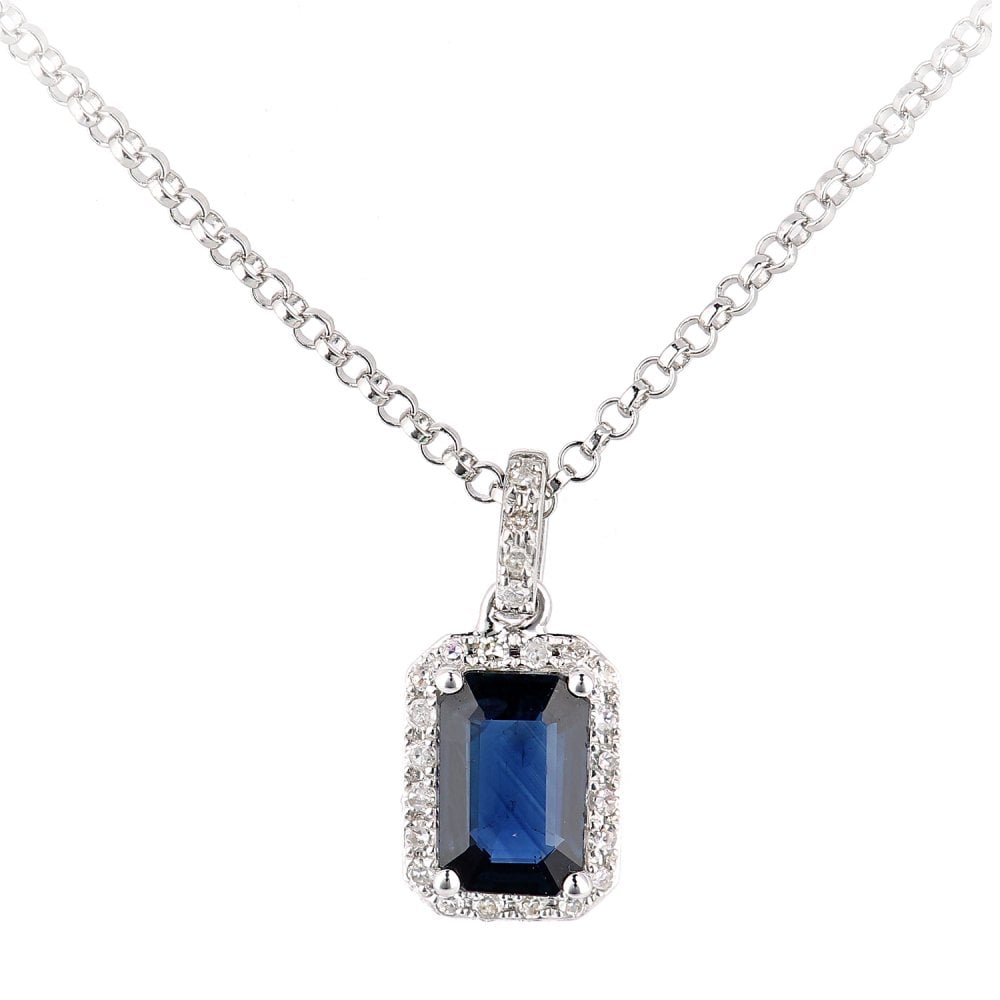 SPARKLD 18ct White Gold Octagon Sapphire and 0.05ct Diamond Cluster Pendant Necklace