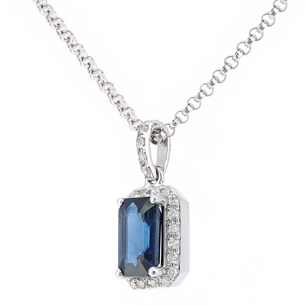 SPARKLD 18ct White Gold Octagon Sapphire and 0.05ct Diamond Cluster Pendant Necklace