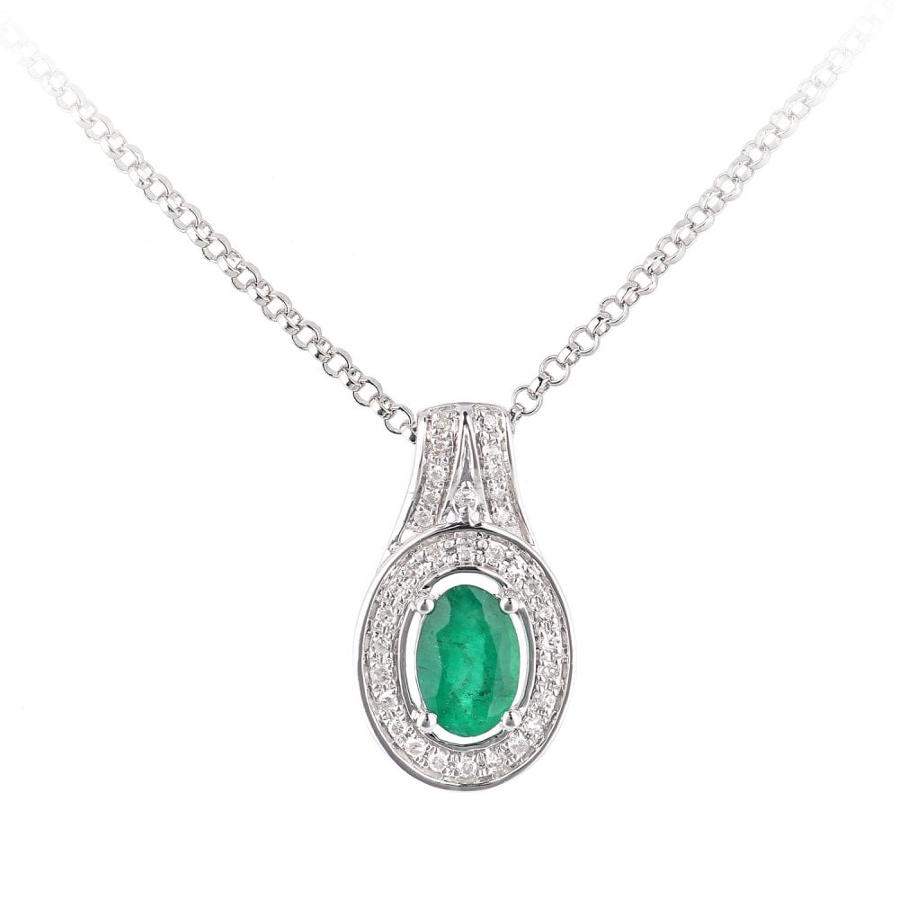 SPARKLD 18ct White Gold Oval Emerald and 0.08ct Diamond Cluster Pendant Necklace
