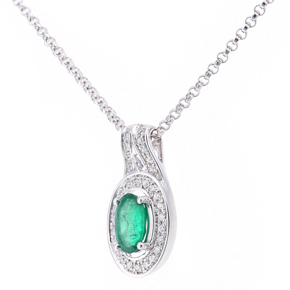 SPARKLD 18ct White Gold Oval Emerald and 0.08ct Diamond Cluster Pendant Necklace
