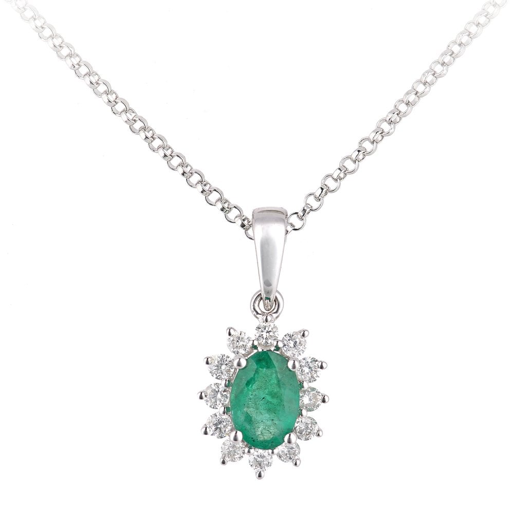 SPARKLD 18ct White Gold Oval Emerald and 0.15ct Diamond Cluster Pendant Necklace