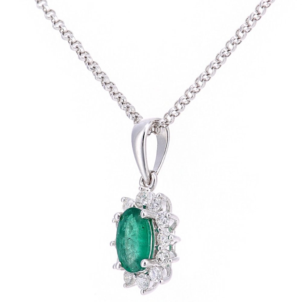 SPARKLD 18ct White Gold Oval Emerald and 0.15ct Diamond Cluster Pendant Necklace