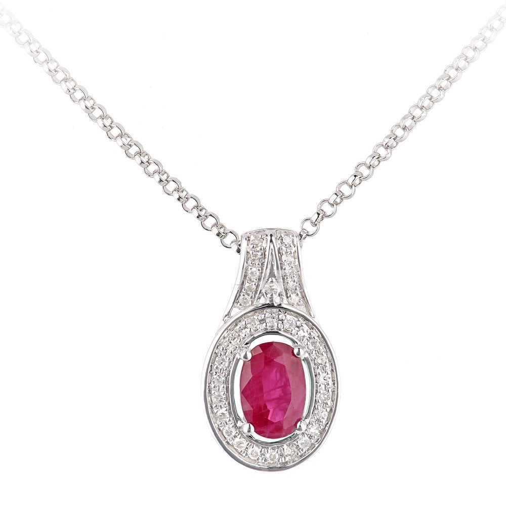 SPARKLD 18ct White Gold Oval Ruby and 0.08ct Diamond Cluster Pendant Necklace