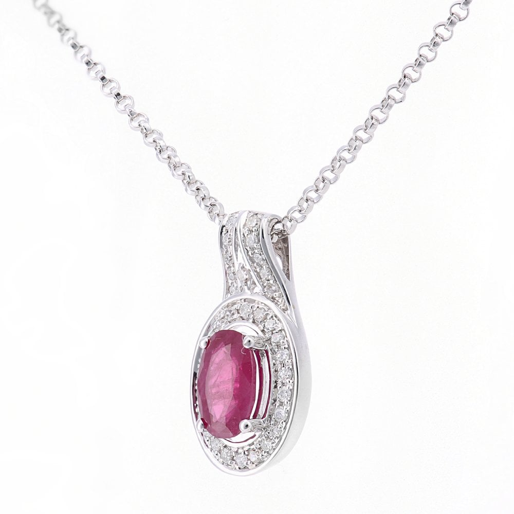 SPARKLD 18ct White Gold Oval Ruby and 0.08ct Diamond Cluster Pendant Necklace
