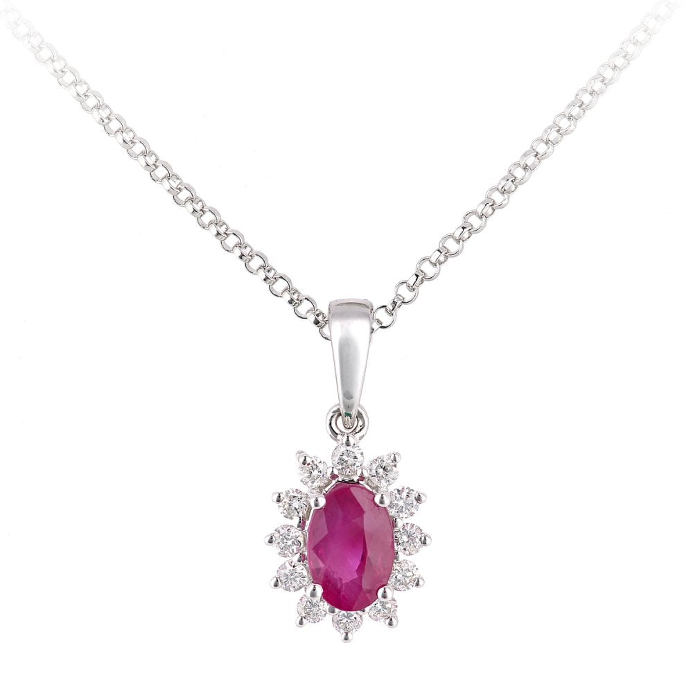 SPARKLD 18ct White Gold Oval Ruby and 0.15ct Diamond Cluster Pendant Necklace