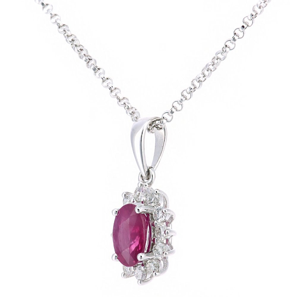 SPARKLD 18ct White Gold Oval Ruby and 0.15ct Diamond Cluster Pendant Necklace