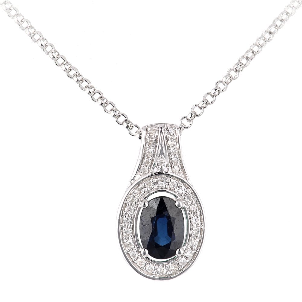 SPARKLD 18ct White Gold Oval Sapphire and 0.05ct Diamond Cluster Pendant Necklace