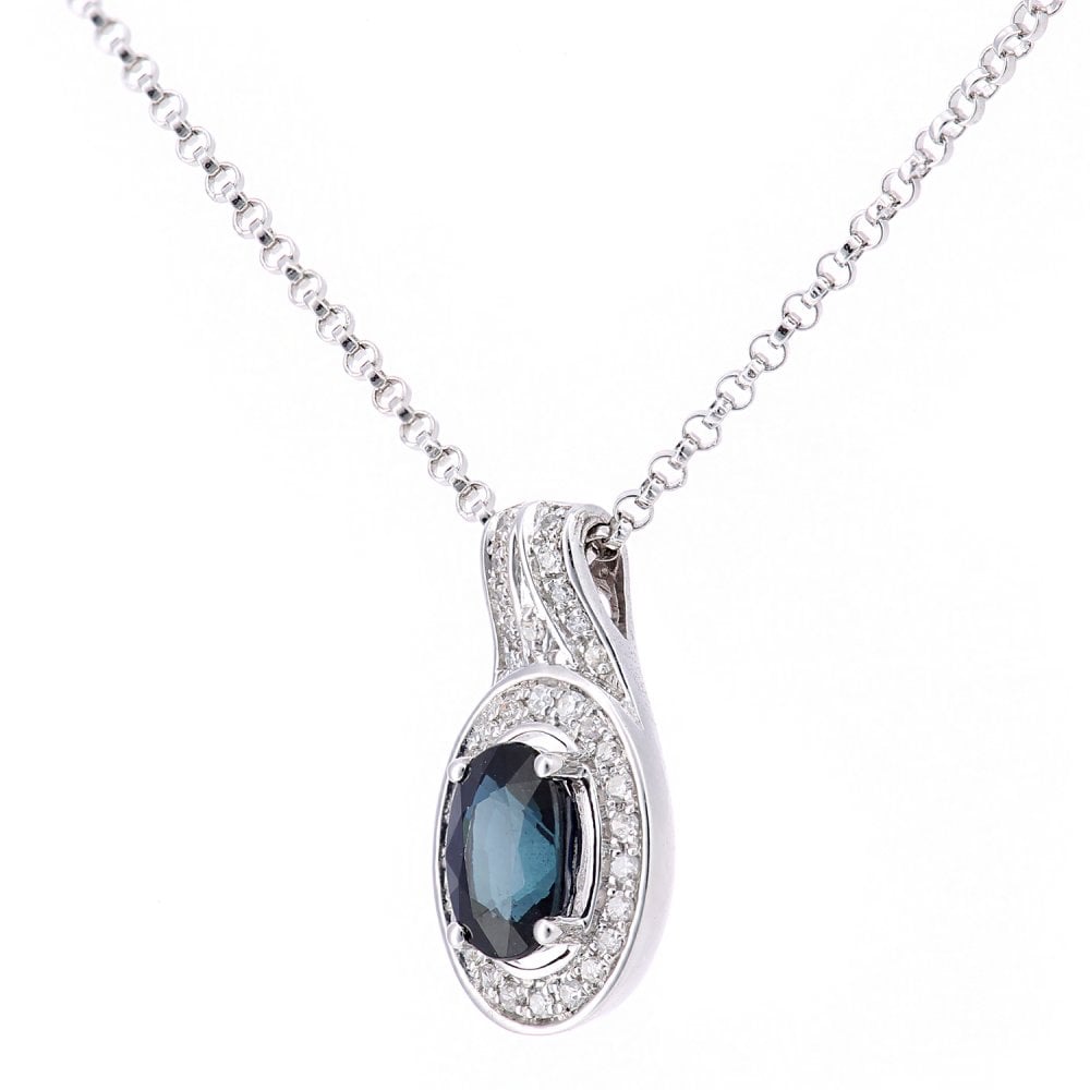 SPARKLD 18ct White Gold Oval Sapphire and 0.05ct Diamond Cluster Pendant Necklace