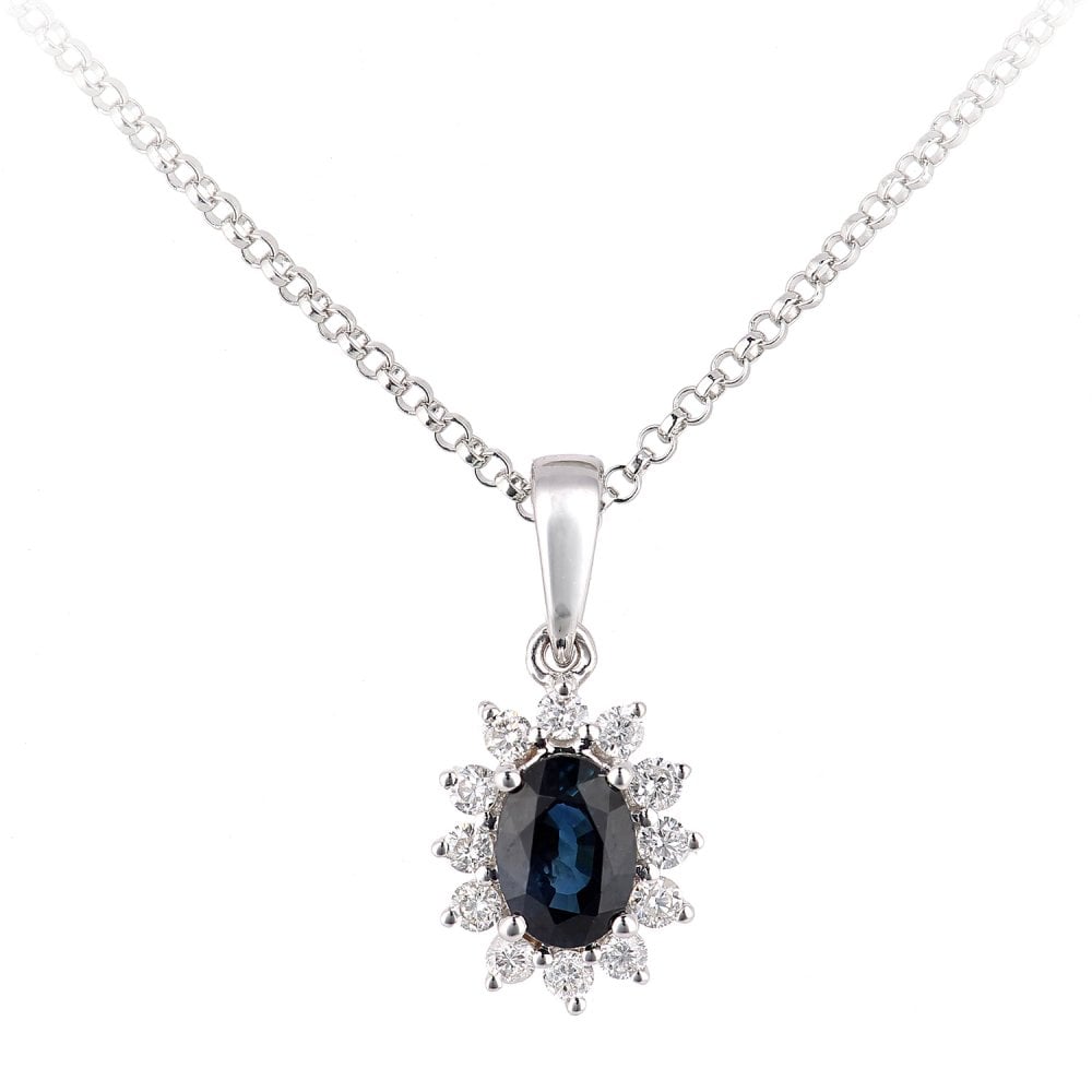SPARKLD 18ct White Gold Oval Sapphire and 0.15ct Diamond Cluster Pendant Necklace