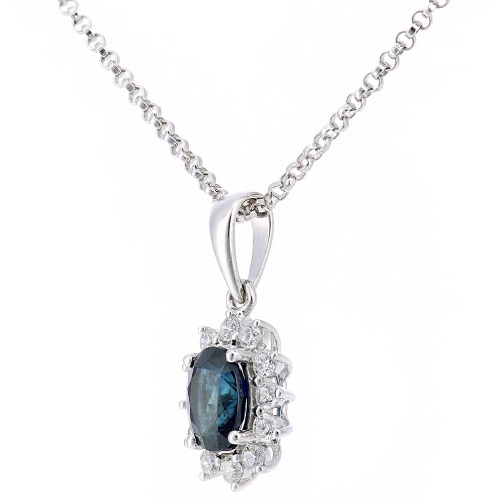 SPARKLD 18ct White Gold Oval Sapphire and 0.15ct Diamond Cluster Pendant Necklace