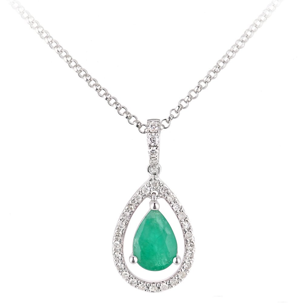 SPARKLD 18ct White Gold Pear Emerald and 0.10ct Diamond Teardrop Pendant Necklace