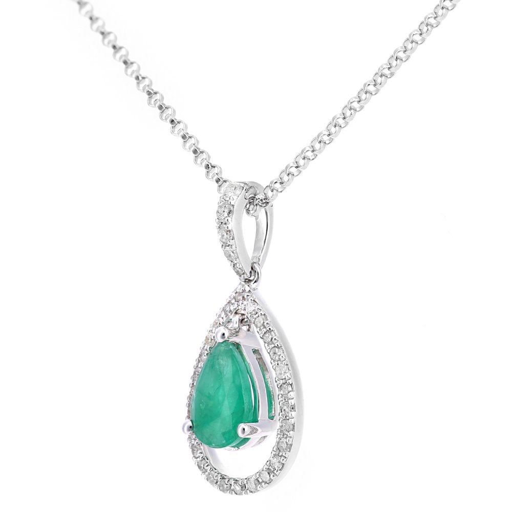SPARKLD 18ct White Gold Pear Emerald and 0.10ct Diamond Teardrop Pendant Necklace
