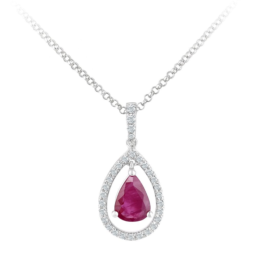 SPARKLD 18ct White Gold Pear Ruby and 0.10ct Diamond Teardrop Pendant Necklace