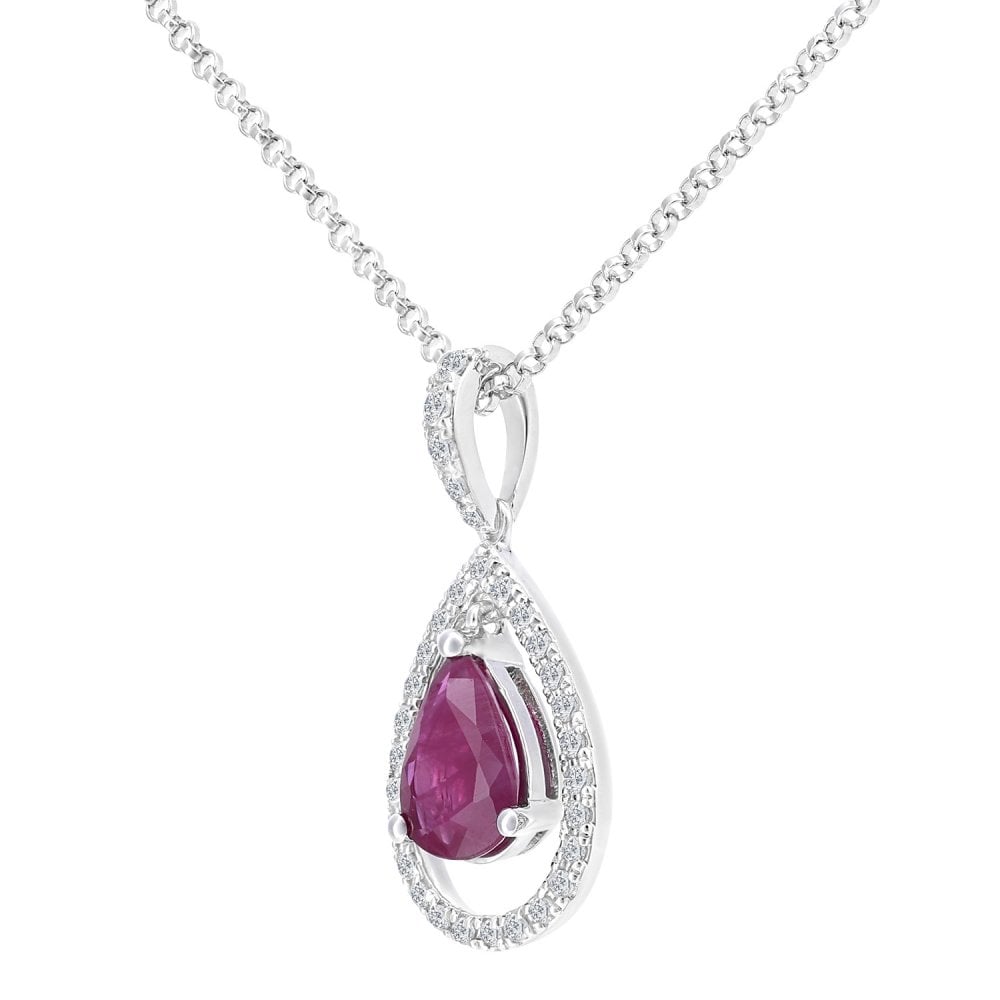 SPARKLD 18ct White Gold Pear Ruby and 0.10ct Diamond Teardrop Pendant Necklace