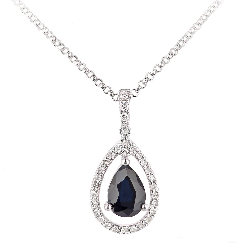 SPARKLD 18ct White Gold Pear Sapphire and 0.10ct Diamond Teardrop Pendant Necklace