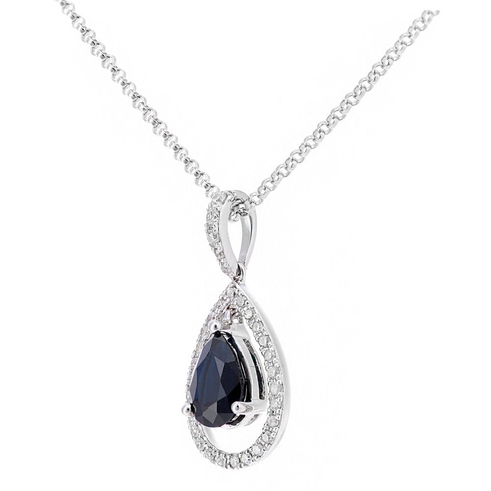 SPARKLD 18ct White Gold Pear Sapphire and 0.10ct Diamond Teardrop Pendant Necklace