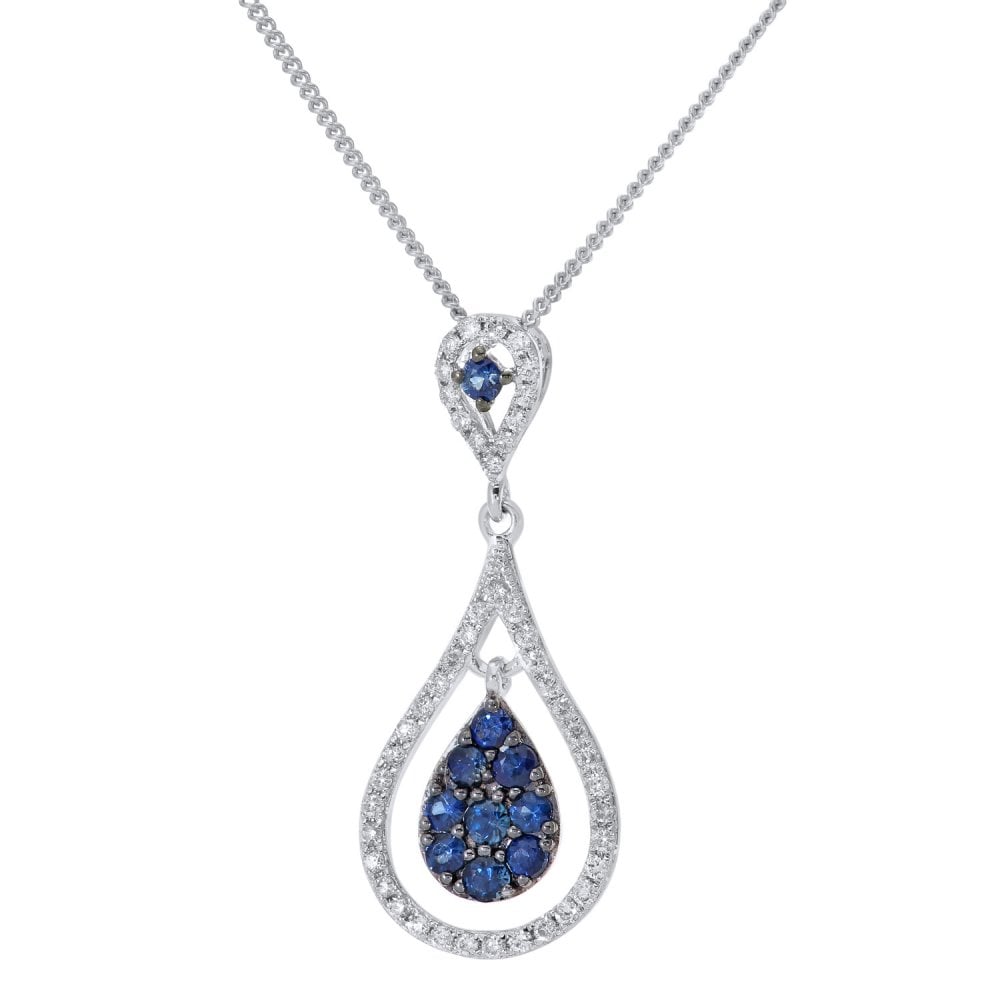 SPARKLD 18ct White Gold Sapphire and 0.15ct Diamond Teardrop Pendant Necklace