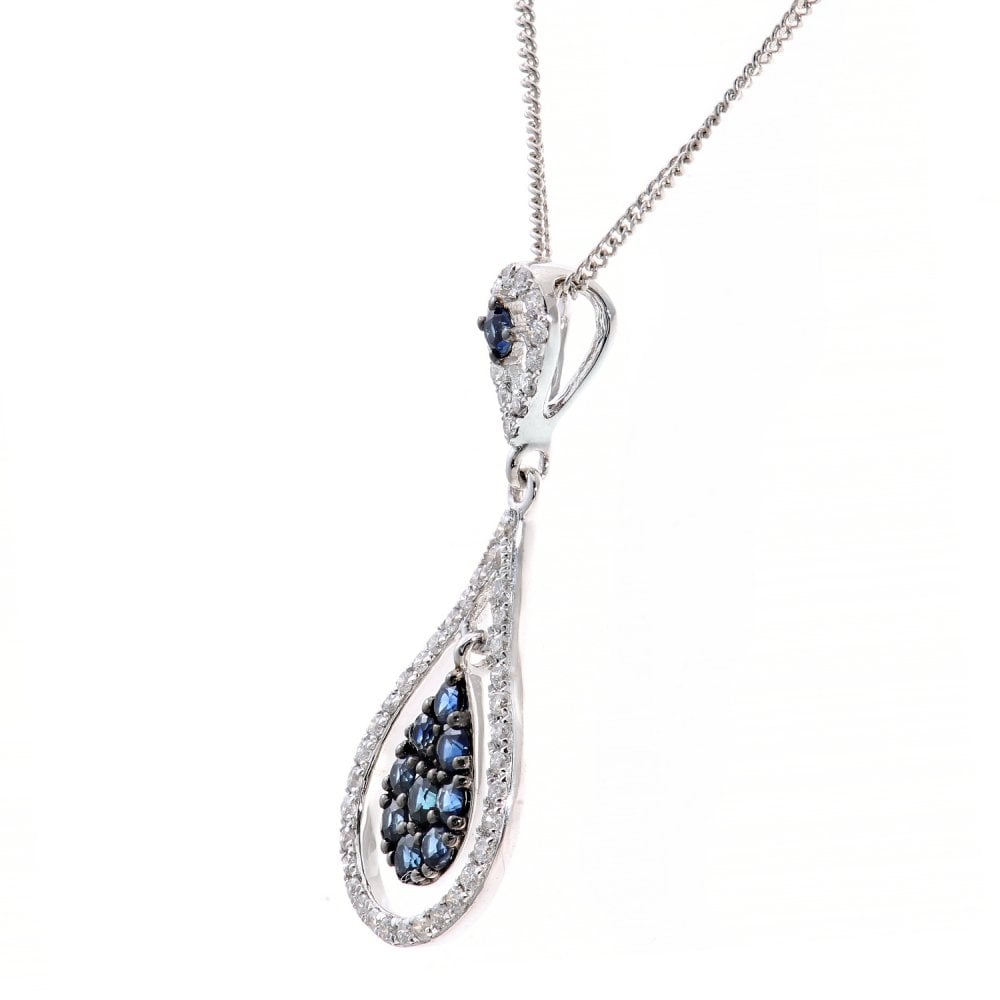 SPARKLD 18ct White Gold Sapphire and 0.15ct Diamond Teardrop Pendant Necklace