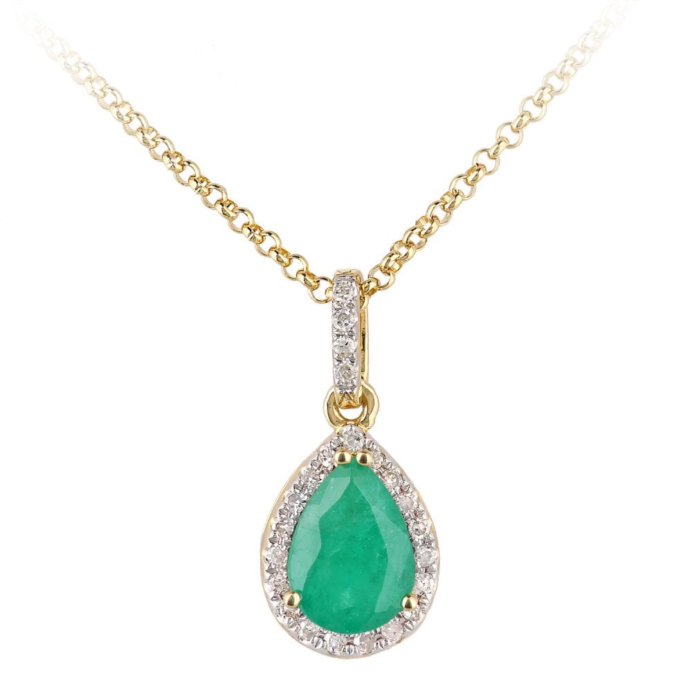 SPARKLD 18ct Yellow Gold Pear Emerald and 0.07ct Diamond Cluster Pendant Necklace