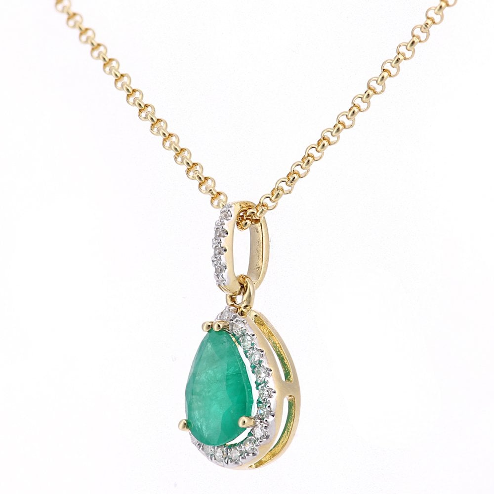 SPARKLD 18ct Yellow Gold Pear Emerald and 0.07ct Diamond Cluster Pendant Necklace