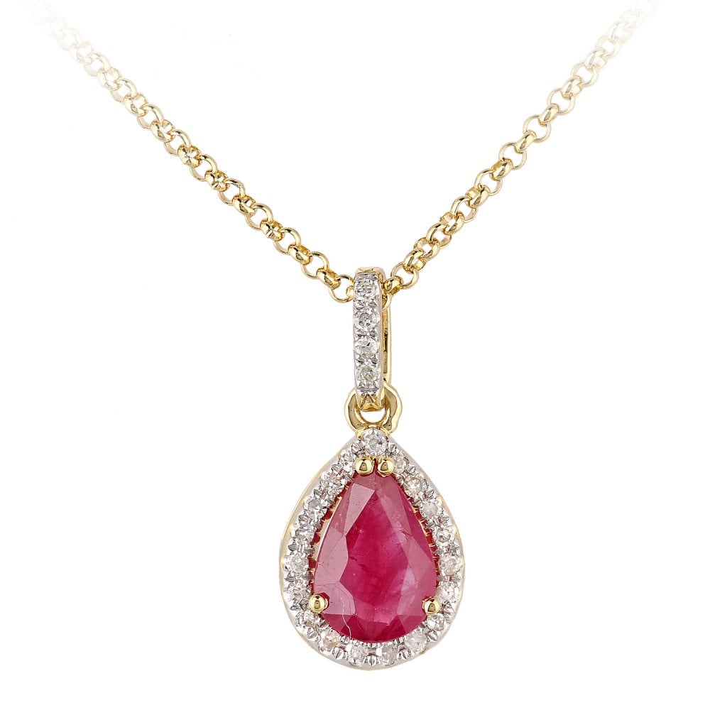 SPARKLD 18ct Yellow Gold Pear Ruby and 0.07ct Diamond Cluster Pendant Necklace