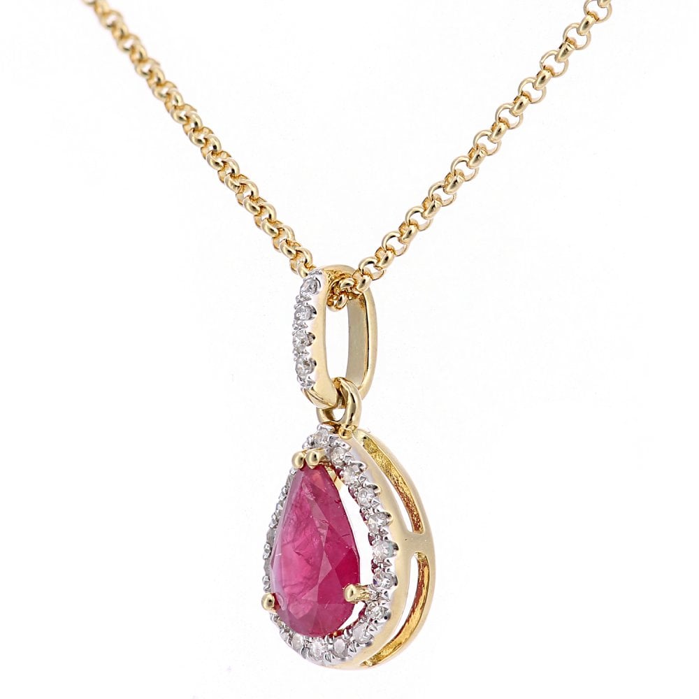 SPARKLD 18ct Yellow Gold Pear Ruby and 0.07ct Diamond Cluster Pendant Necklace