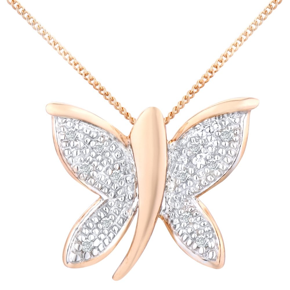 SPARKLD 9ct Rose Gold 0.05ct Diamond Butterfly Necklace