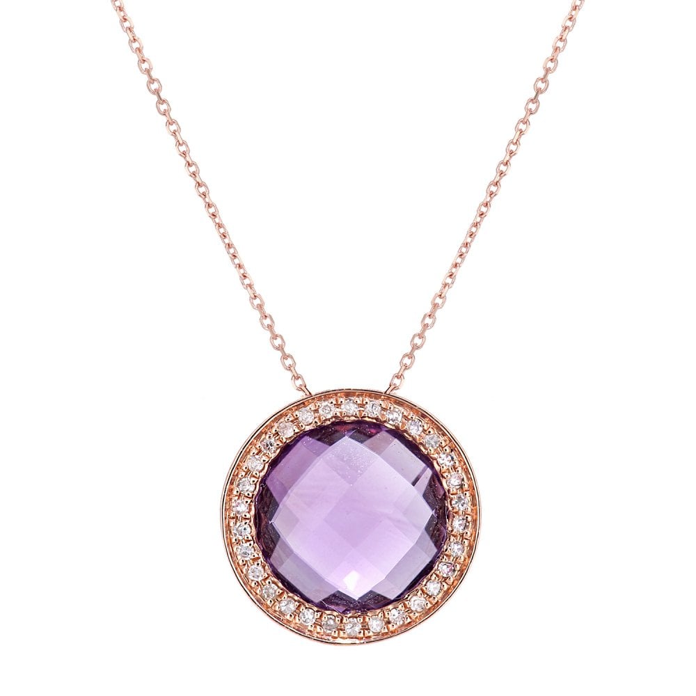 SPARKLD 9ct Rose Gold Amethyst and 0.10ct Diamond Cluster Pendant Necklace