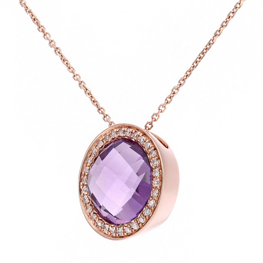 SPARKLD 9ct Rose Gold Amethyst and 0.10ct Diamond Cluster Pendant Necklace