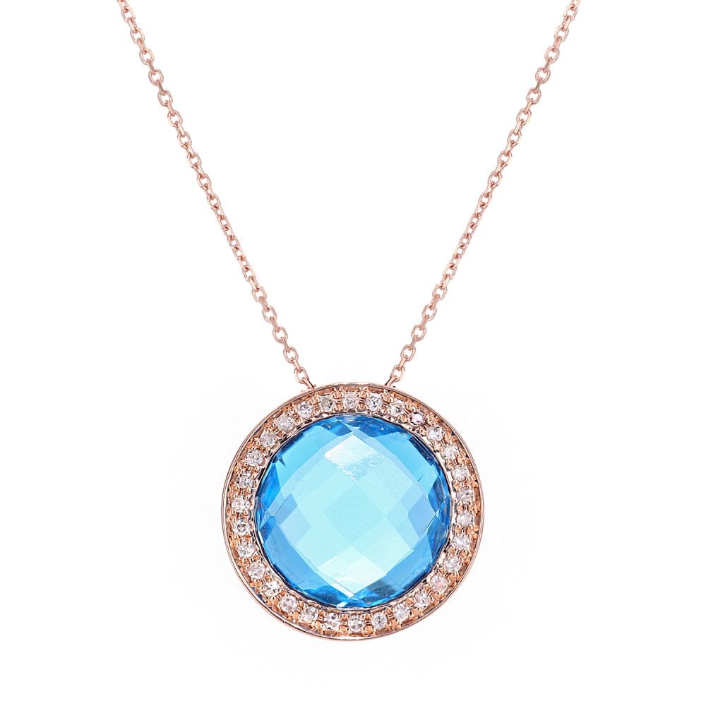 SPARKLD 9ct Rose Gold Blue Topaz and 0.10ct Diamond Cluster Pendant Necklace