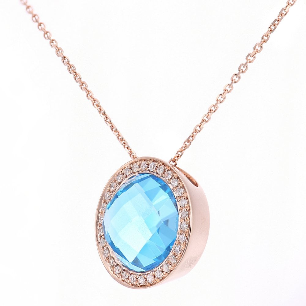 SPARKLD 9ct Rose Gold Blue Topaz and 0.10ct Diamond Cluster Pendant Necklace