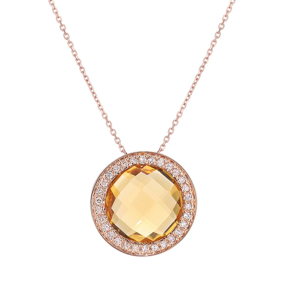 SPARKLD 9ct Rose Gold Citrine and 0.10ct Diamond Cluster Pendant Necklace