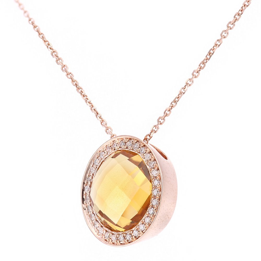 SPARKLD 9ct Rose Gold Citrine and 0.10ct Diamond Cluster Pendant Necklace