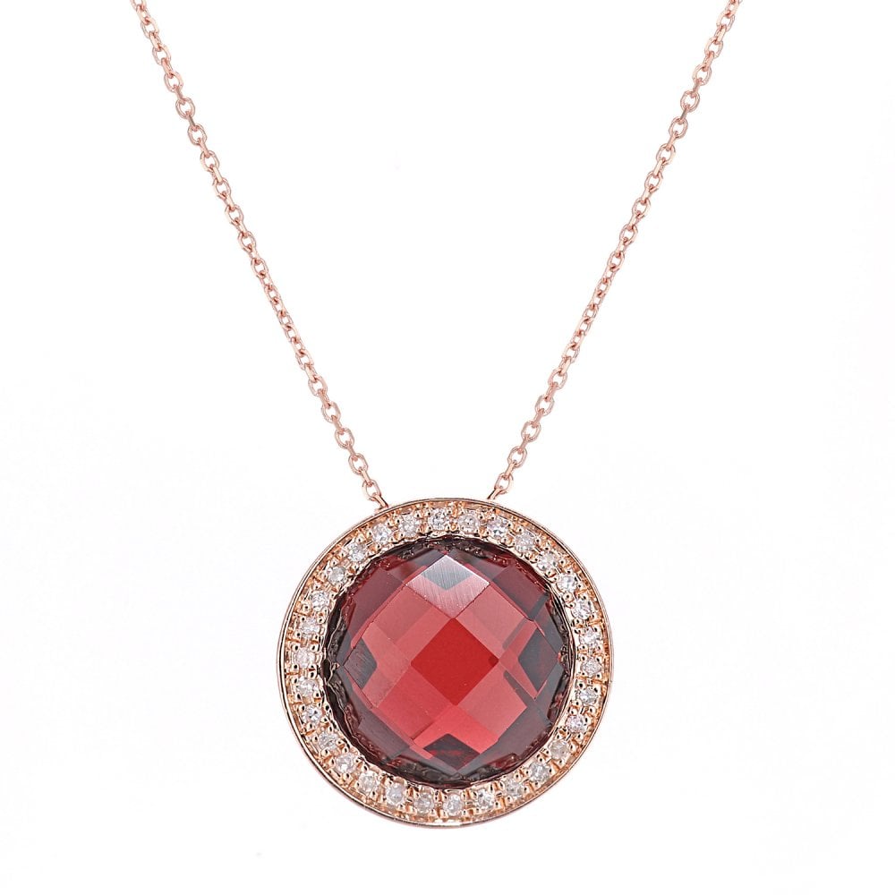 SPARKLD 9ct Rose Gold Garnet and 0.10ct Diamond Cluster Pendant Necklace