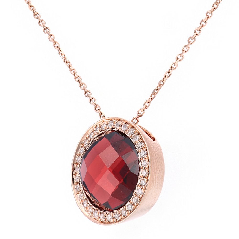 SPARKLD 9ct Rose Gold Garnet and 0.10ct Diamond Cluster Pendant Necklace