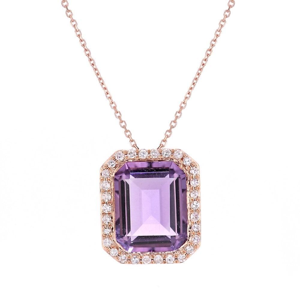 SPARKLD 9ct Rose Gold Octagon Amethyst and 0.15ct Diamond Pendant Necklace