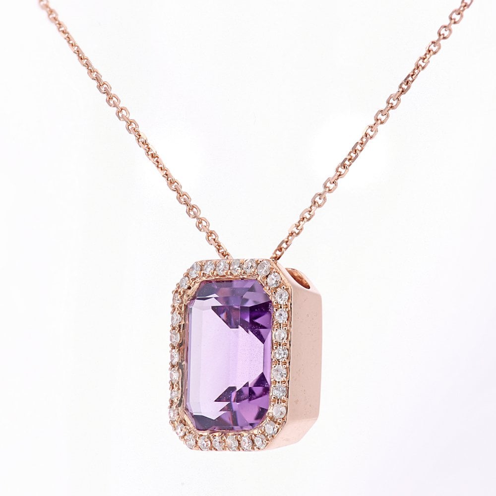 SPARKLD 9ct Rose Gold Octagon Amethyst and 0.15ct Diamond Pendant Necklace
