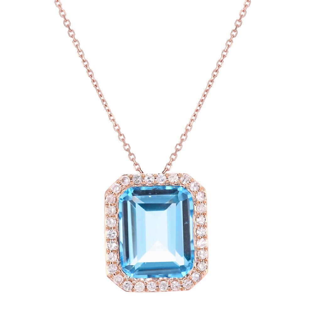 SPARKLD 9ct Rose Gold Octagon Blue Topaz and 0.15ct Diamond Pendant Necklace