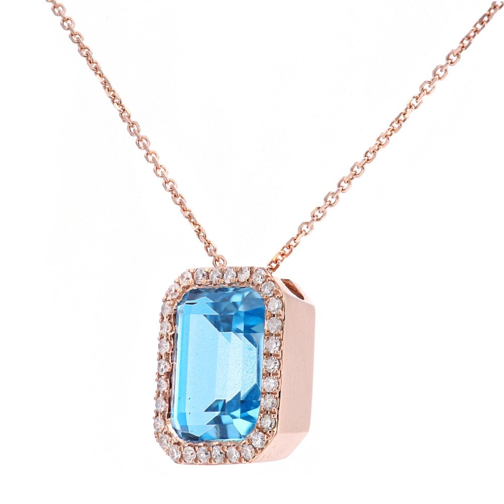 SPARKLD 9ct Rose Gold Octagon Blue Topaz and 0.15ct Diamond Pendant Necklace